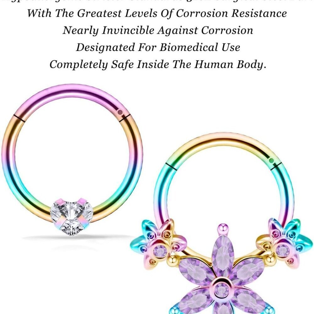 Septum Daith Earrings 16g Stainless Steel Rainbow Rose Gold Piercing Jewelry - Picture 4 of 6